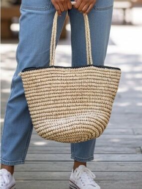 Natural Straw Tote Bag with Black Trim and Double Shoulder Straps